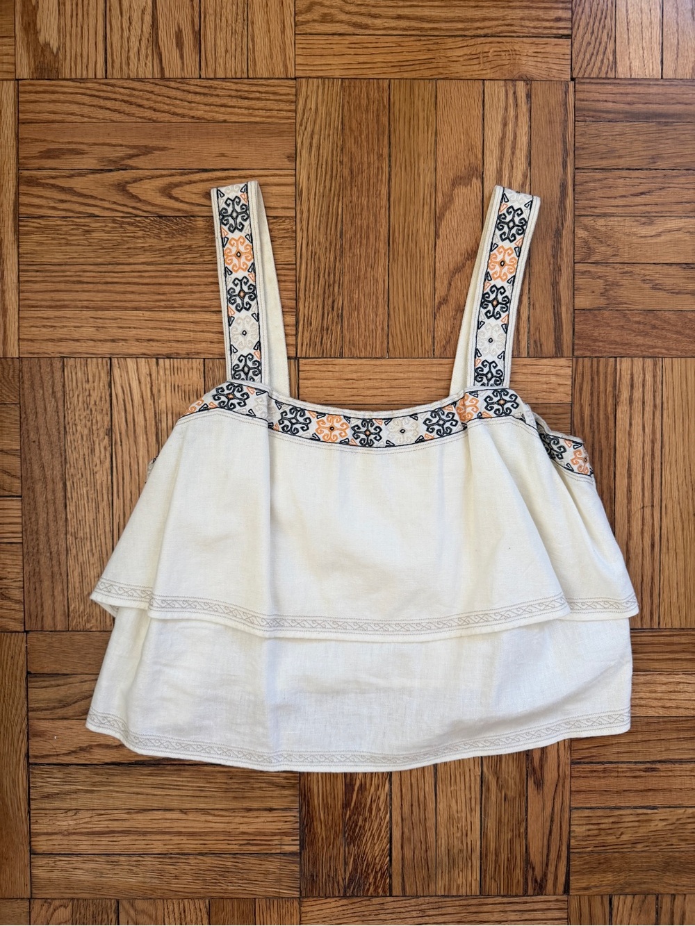 Madewell Cream Tiered Embroidered Tank Top with Gold & Navy Accents